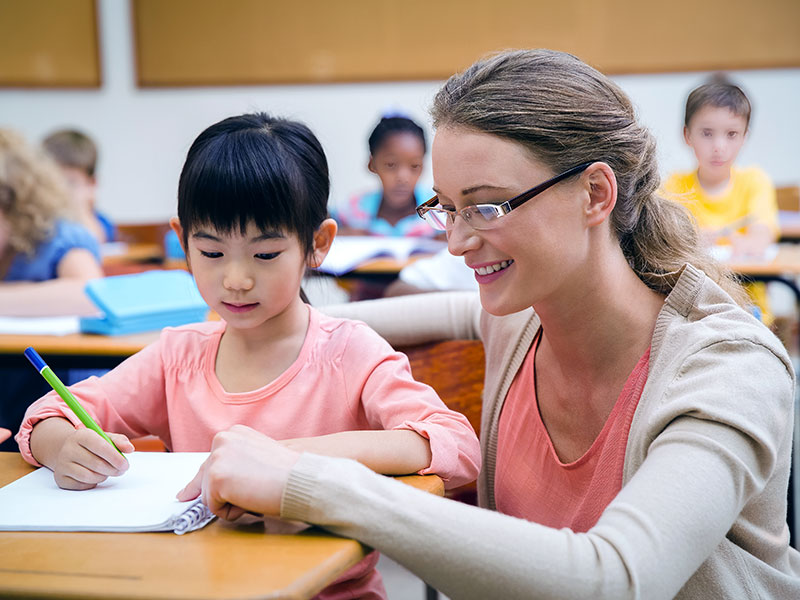 "Chinese students practices 4-skills English with teacher"